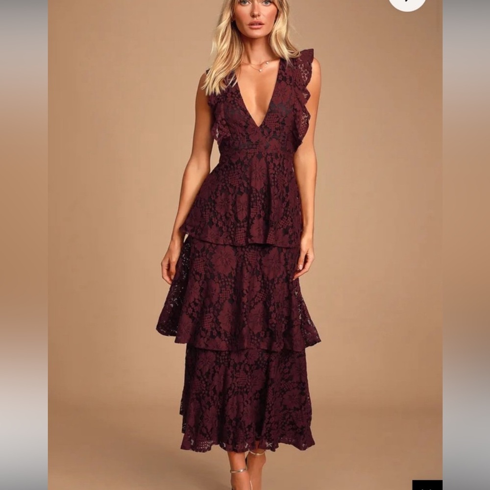 Lulu’s Molinetto Burgundy Lace Ruffled Tiered Sleeveless Maxi Dress